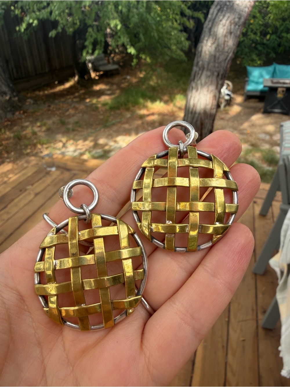 Vintage Mixed Metal Basket Weave Statement Earrings 925 Mexico